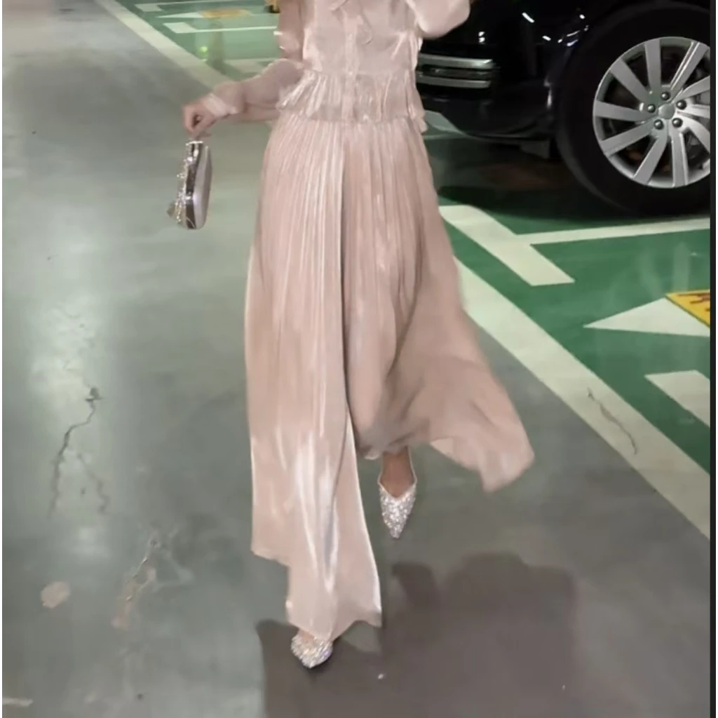 亮面阔腿裤女琉璃金丝裤慵懒风显高高腰显瘦裙裤宽松垂感春夏穿搭