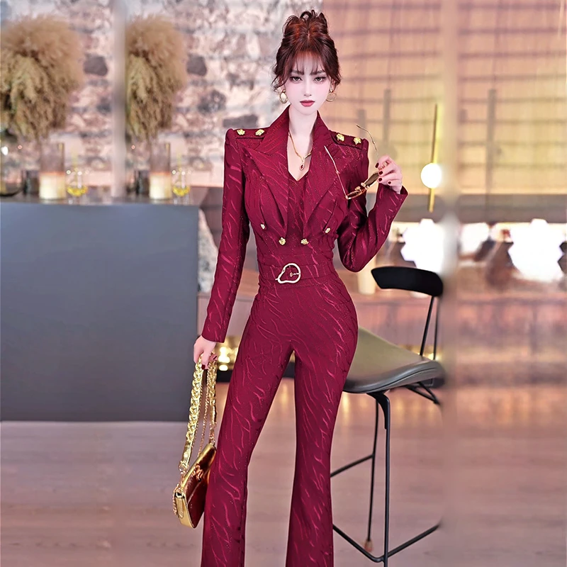 VJE设计感蕾丝网布印花连体裤2025秋季立体剪裁收腰OL西装连身裤