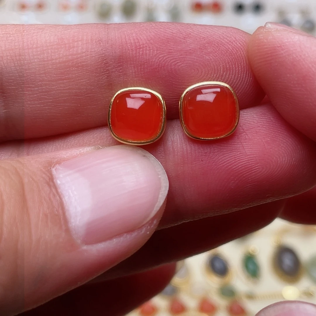 和田玉耳钉银S925镶嵌