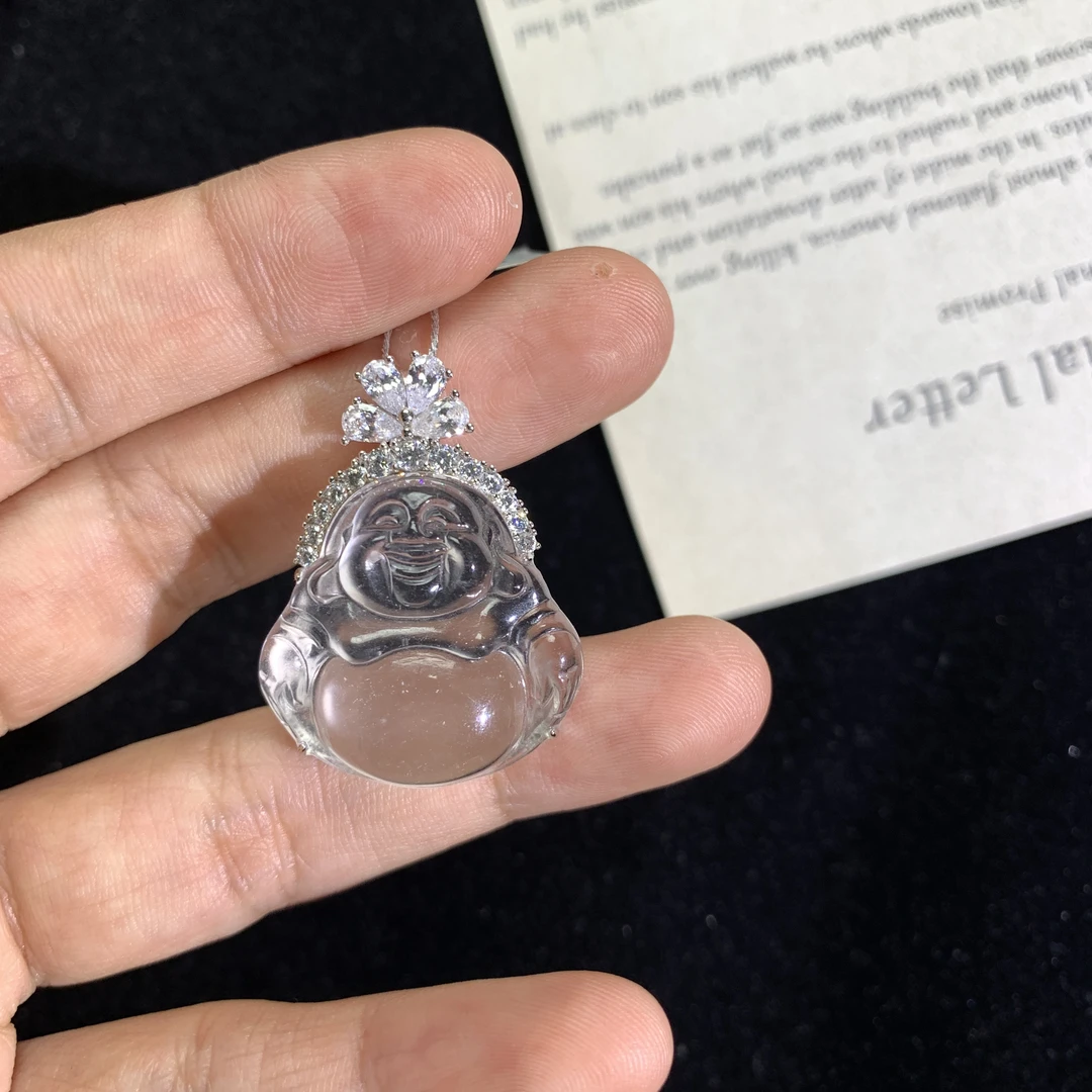 俄料玻璃种天然石英质玉 大肚佛公玉吊坠925银镶嵌托冰透精雕素款