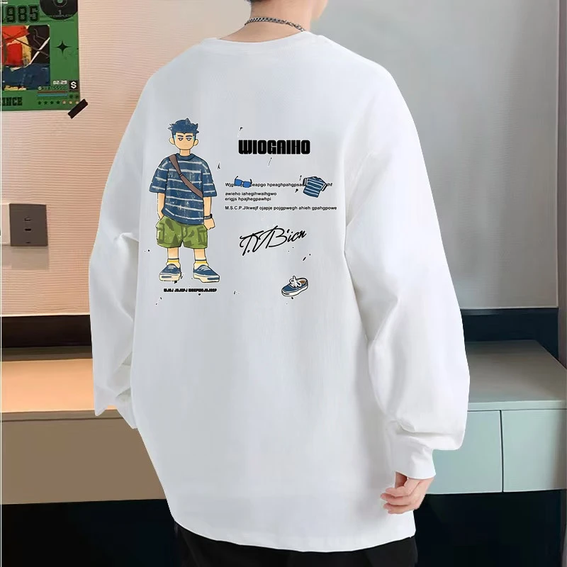 100%纯棉长袖t恤痞帅慵懒风男装春秋薄款打底衫美式潮牌大码上衣