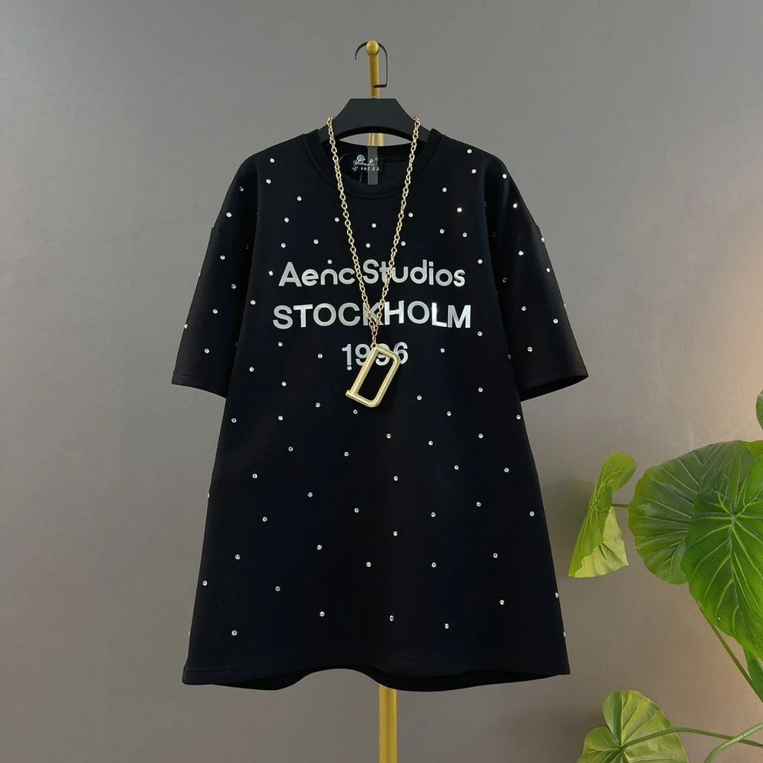 做旧纯色钉钻数字字母休闲印花T恤重工宽松遮肚子大码胖mm半袖