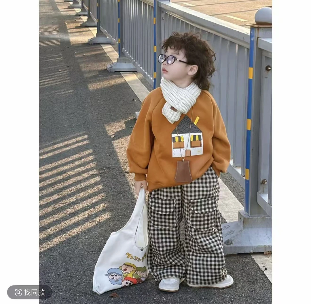 MN66403秋冬加绒冬季新款男女童韩版氧气卫衣百搭格子裤两件套