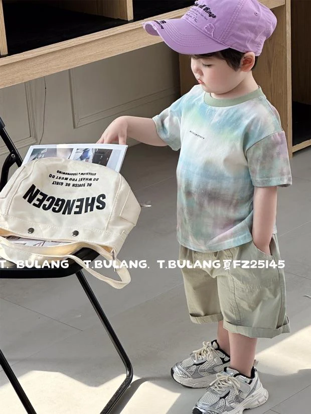短袖吸汗字母男扎染韩版夏季T恤套装休闲男童小童洋气