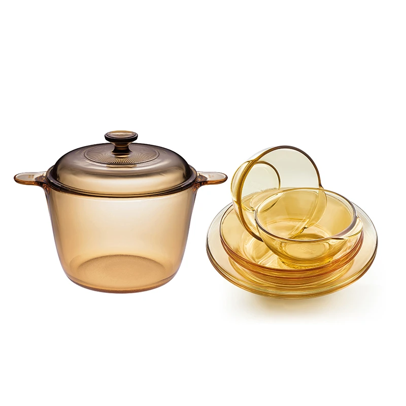 C家 器皿 琥珀色系列玻璃锅碗套装(透明锅 3.5L+Pyrex餐具6件组)