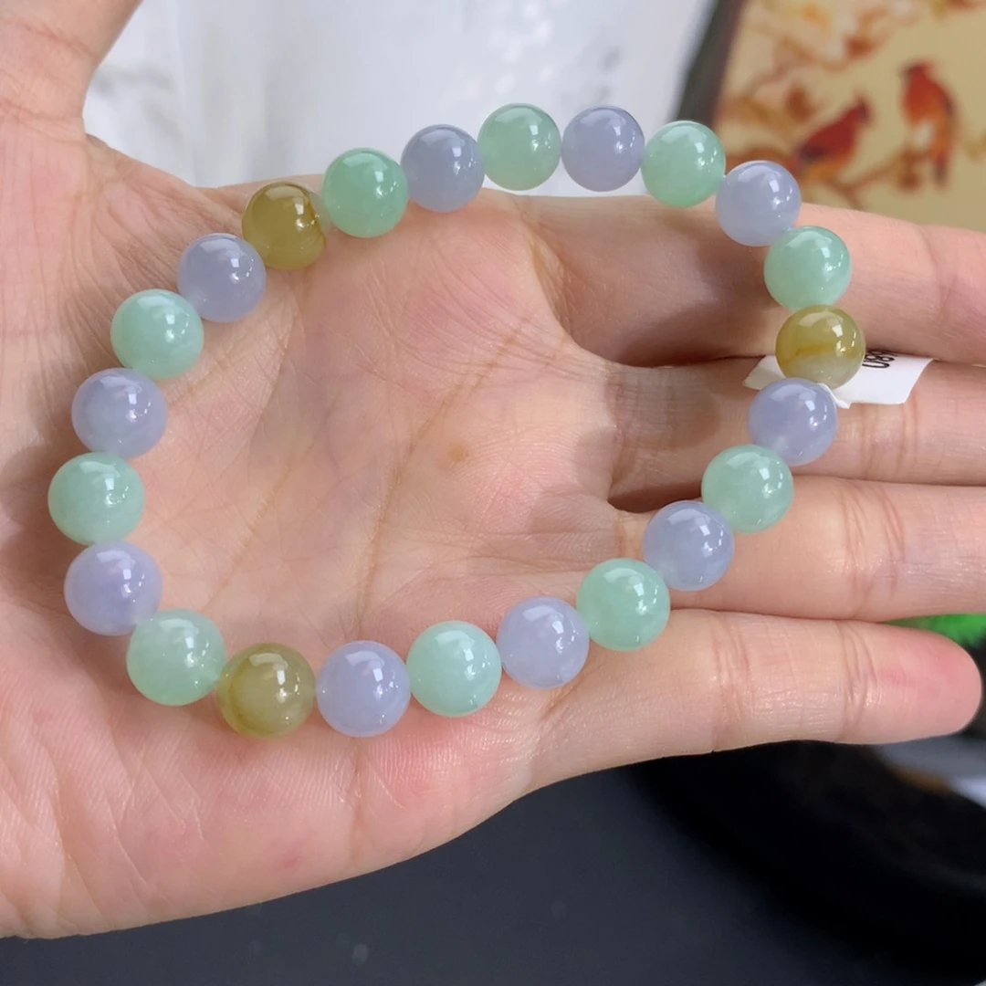 翡翠未镶嵌手串卡8胶润紫绿黄手串