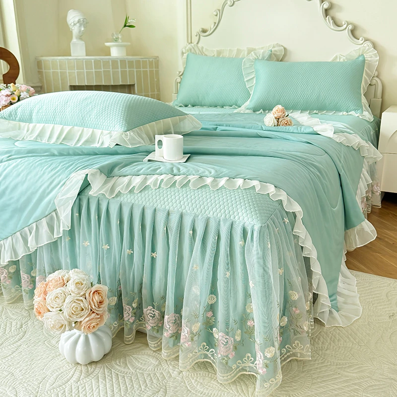 夏季新款蕾丝花边床裙款冰豆豆凉席少女风冰丝空调软席夏被夏凉被