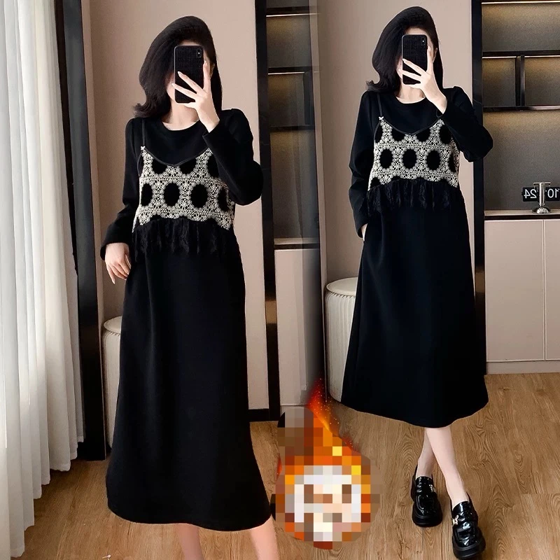 孕妇大码春装秋新款胖mm时尚气质假两件拼接中长款休闲连衣裙6565