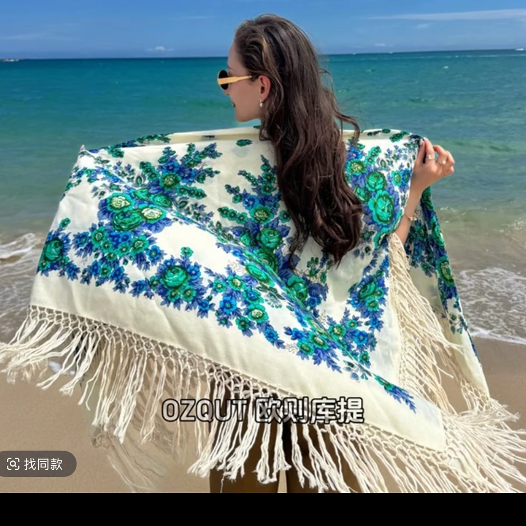 新款网红复古民族风手工流苏印花kaxmir披肩يۇڭ كەشمىر ياغلىق