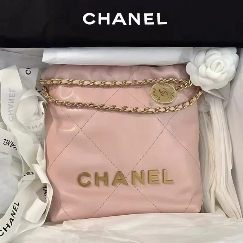 全新未使用 Chanel/香奈儿 樱花粉金字 22bagmini 芯片款 垃圾袋
