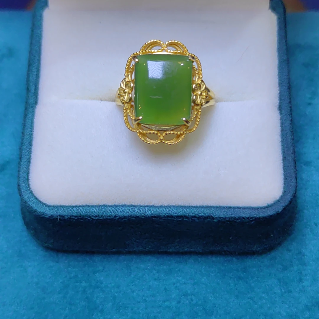 和田玉俄碧玉冰底苹果绿可调节戒指925银镶嵌含证书精致优雅