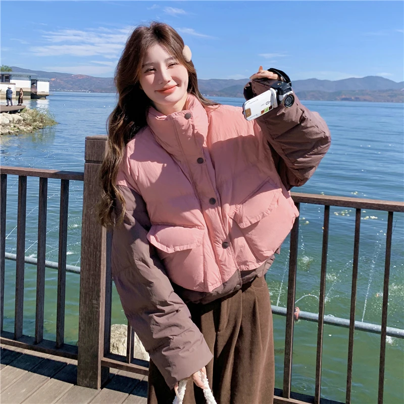 韩版小个子撞色拼接羽绒服女款2025新款超好看冬装加厚白鸭绒外套