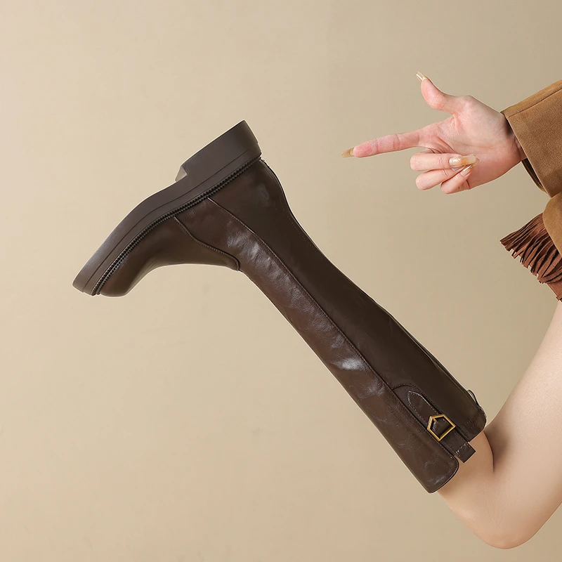 高筒靴不过膝长靴女棕色大码41一43厚底大筒围女靴弹力骑士靴粗腿