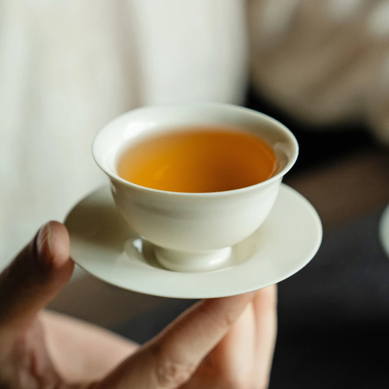 德白草木灰茶杯主人杯女士精致个人杯品茗单杯带杯垫陶瓷功夫茶盏