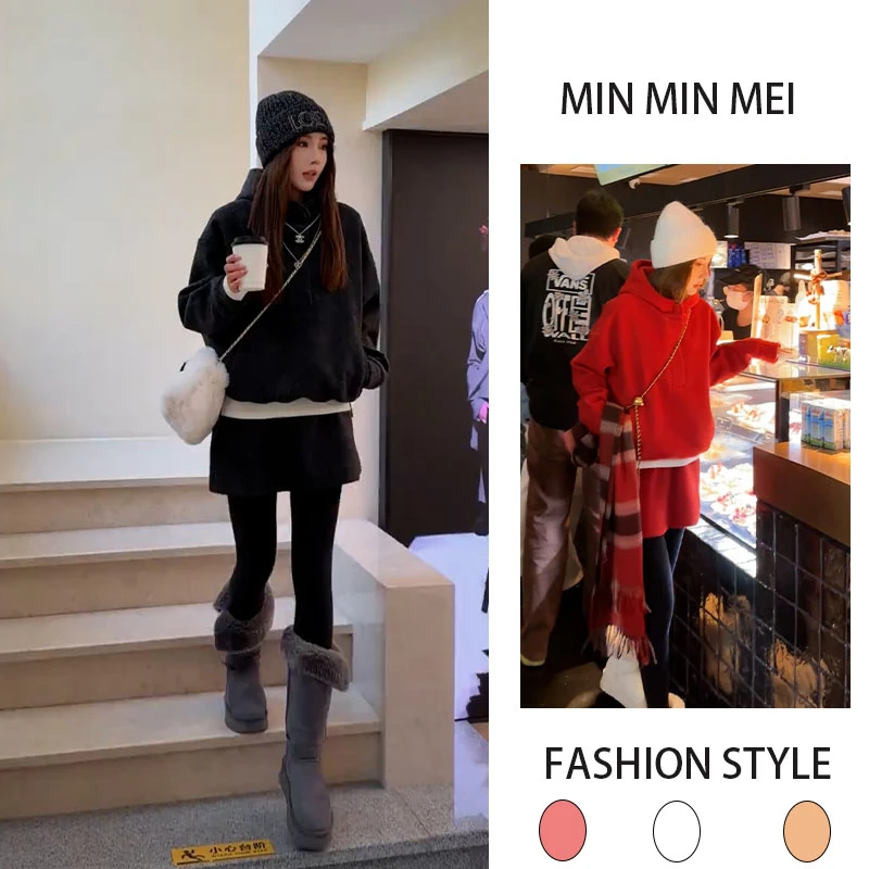 2025秋冬季新款设计感简约加绒加厚连帽卫衣搭配短裙显瘦一整套