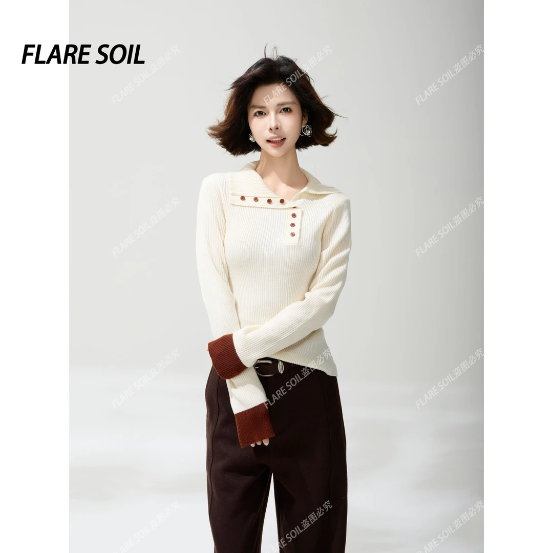 【FLARE SOIL】高领纽扣领针织斜裁下摆针织打底 T40220A