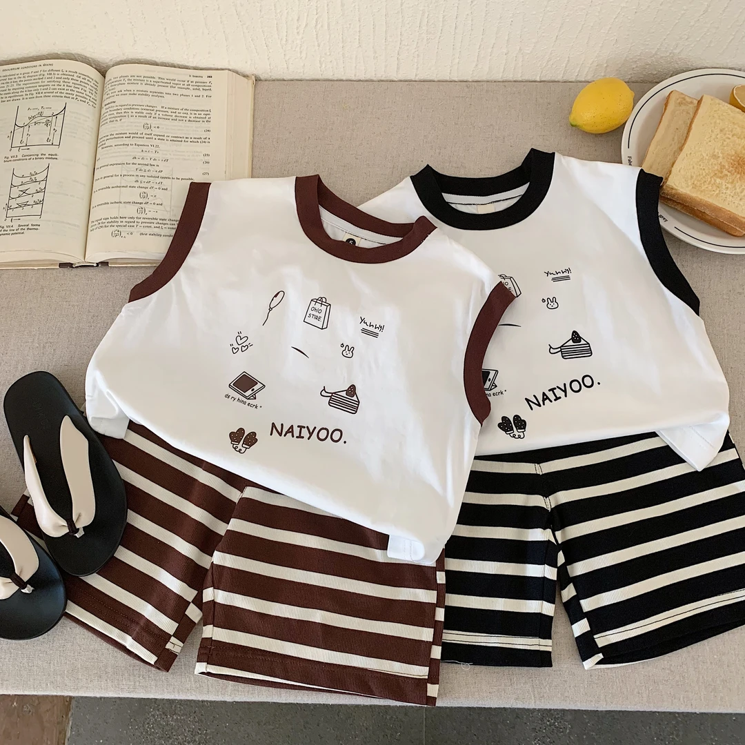 【郝叔专属】韩版条纹卡通无袖上衣2025夏季中小童时尚休闲6603P