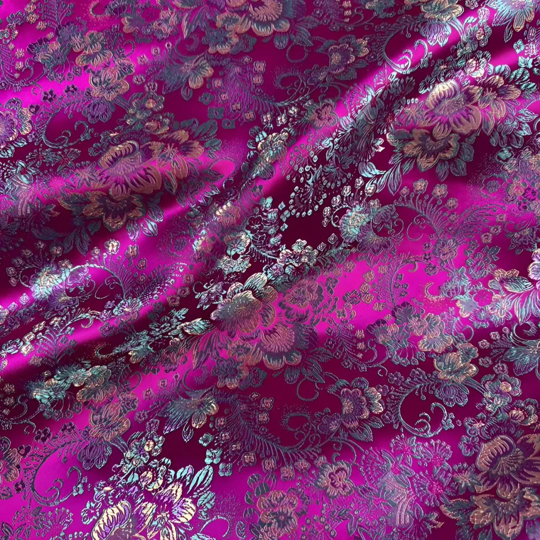 紫红色提花织锦缎山茶花图案门幅宽110国风民族风服装手工面料