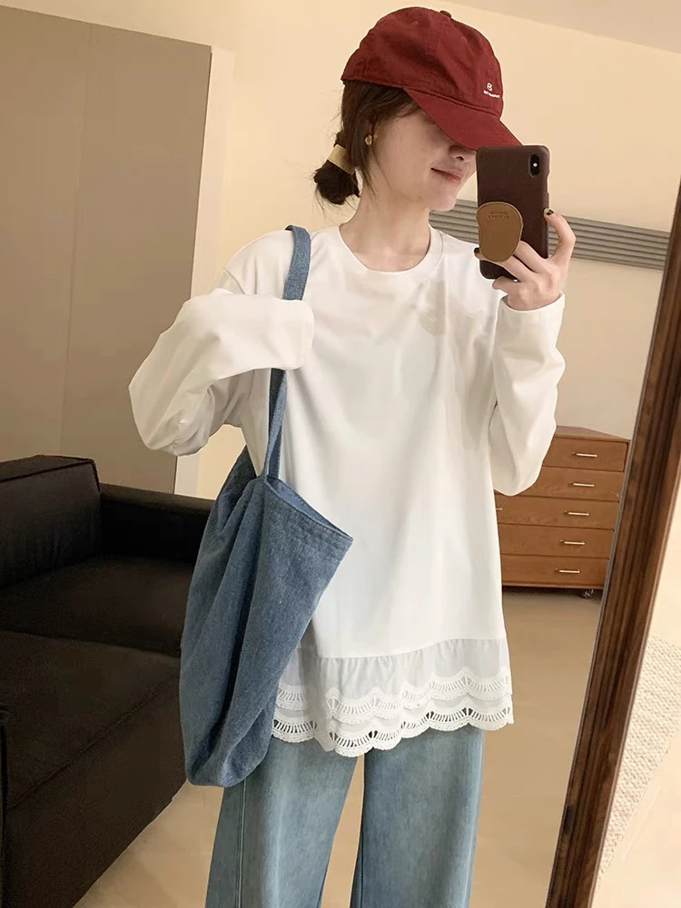 （蓓蓓姐）2025早春新韩版时尚休闲宽松百搭蕾丝拼接下摆开叉打T恤
