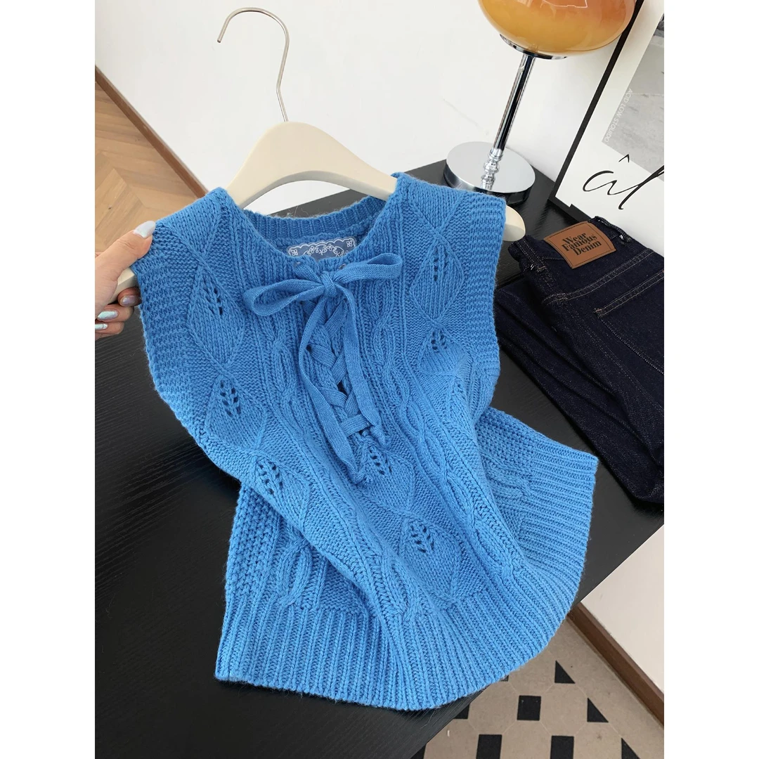 克莱因蓝甜美风减龄绞花针织马甲女秋季气质绑带叠穿无袖背心上衣