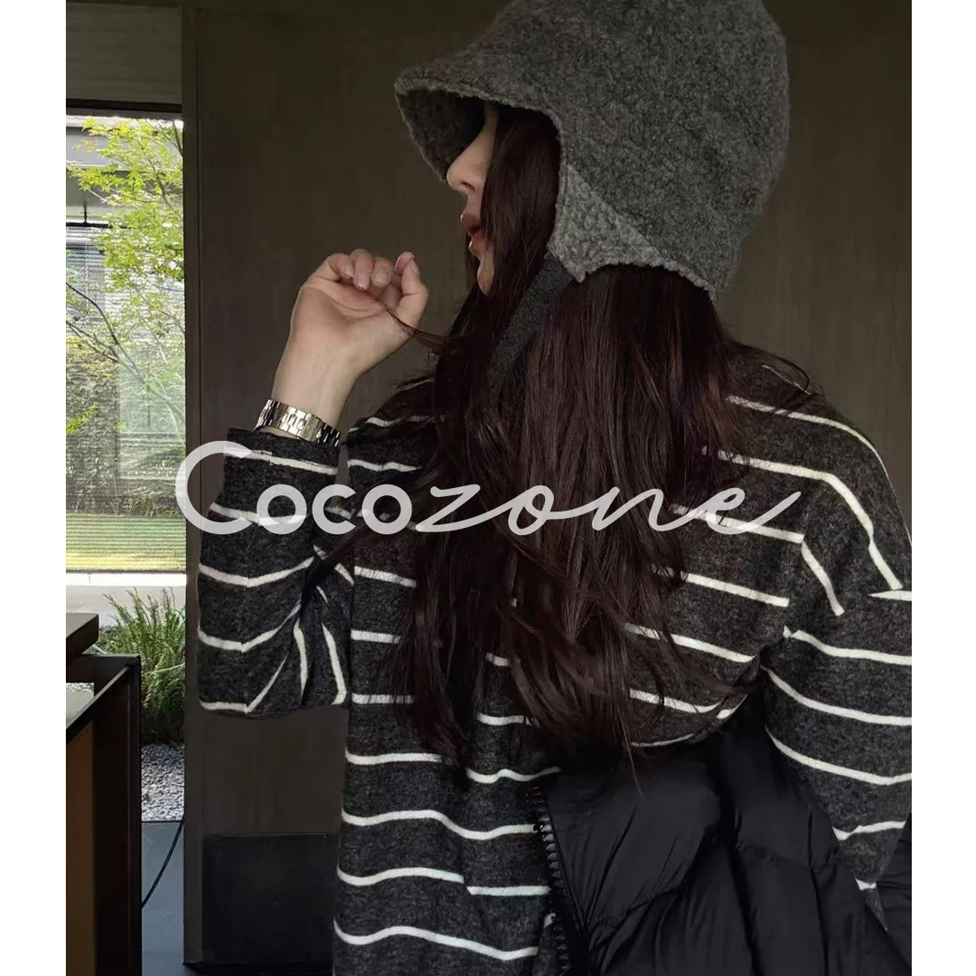 COCO ZONE刘 一一 “灰白条纹”撞色条纹圆领长袖T恤 CD2A3007