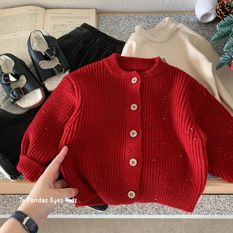 韩系童装男童红色开衫毛衣加厚针织衫外套2025新款男女小童新年服