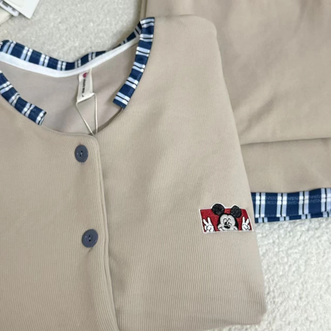 29-秋冬季女士杏色米奇头带胸垫德绒家居服套装