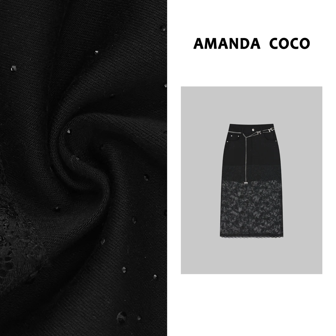 NANA# 设计师款~高定烫钻蕾丝拼接牛仔裙