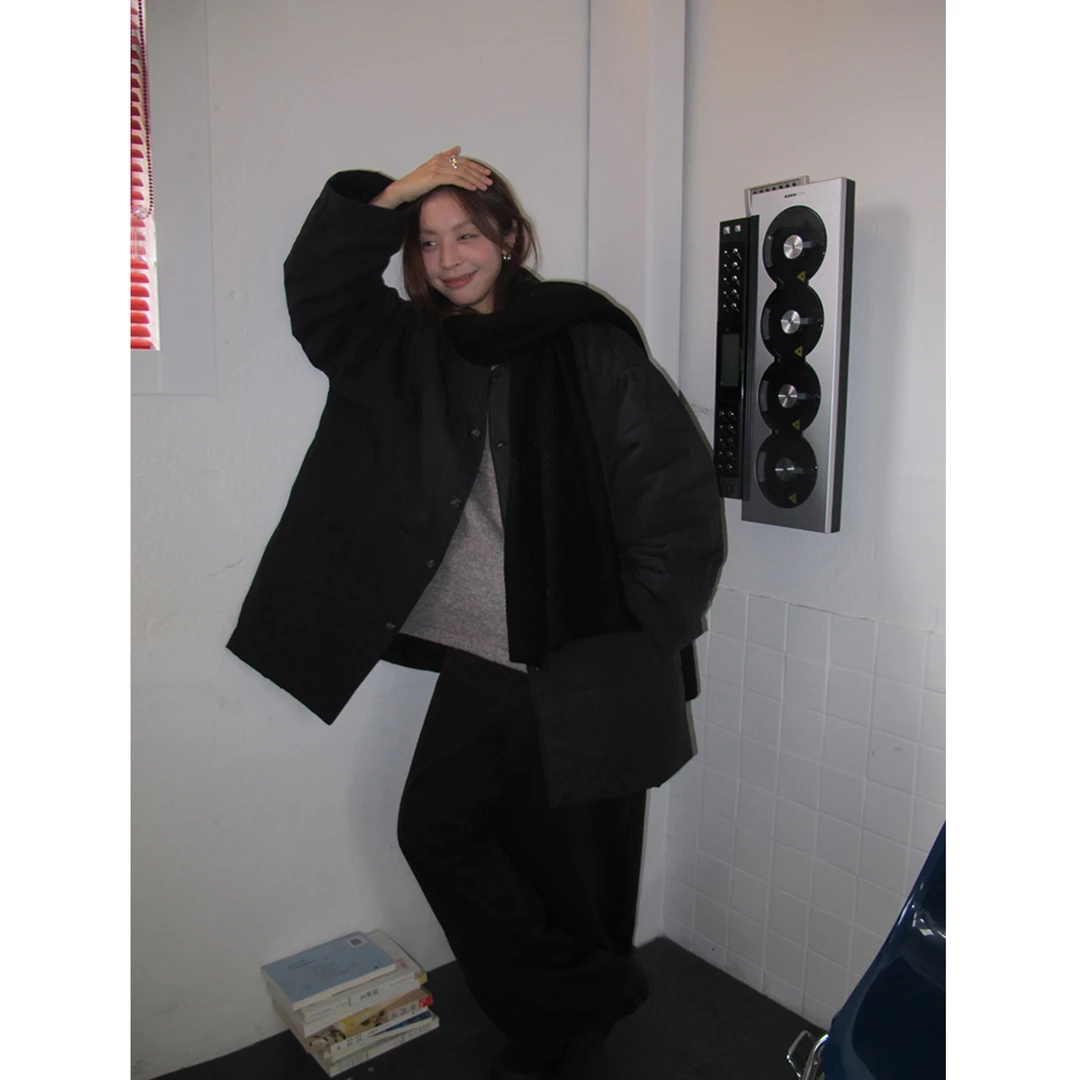 SIXI四喜家 淡人高智感 经典圆领廓形棉衣女秋冬加厚无领夹棉外套