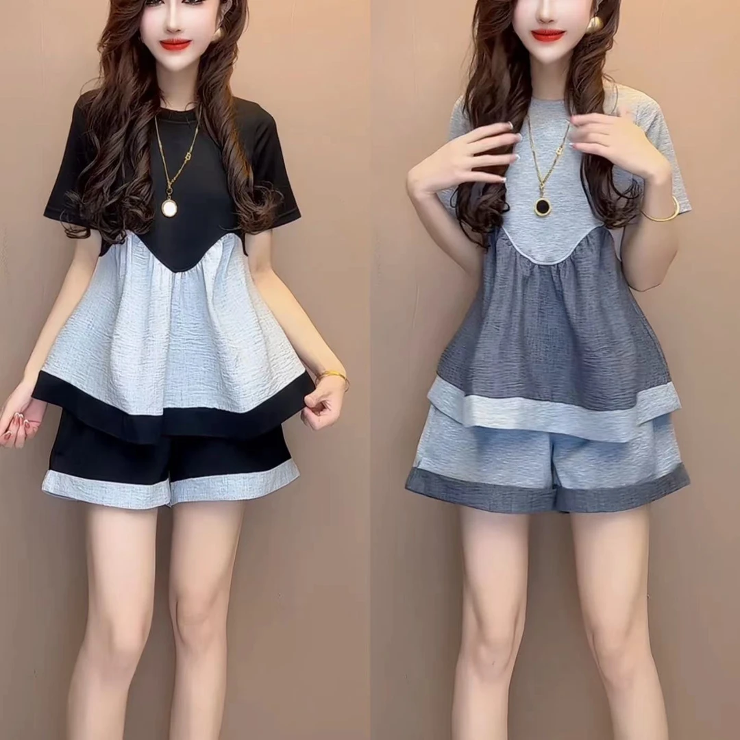 夏季洋气减龄假两件拼接套装