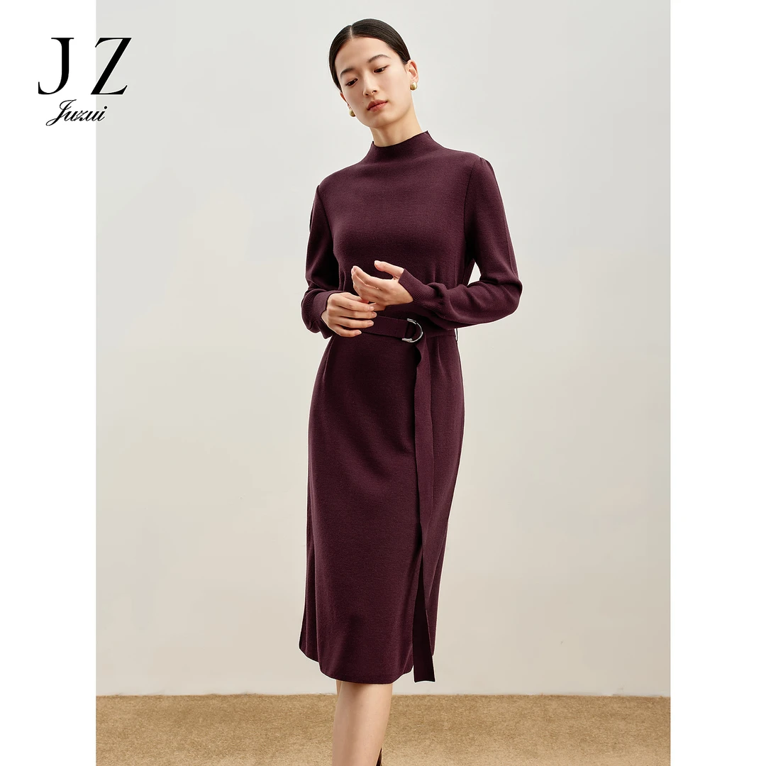 商场同款JZ玖姿经典通勤收腰连衣裙毛衫女2023冬季新款JWDD31404