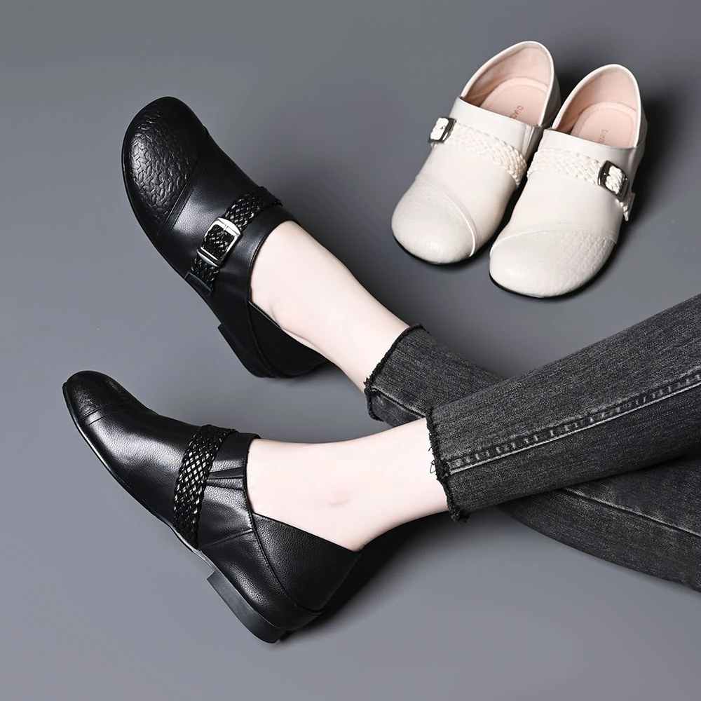 头层牛皮圆头深口单鞋女春秋新款简约一脚蹬舒适百搭低跟平底皮鞋