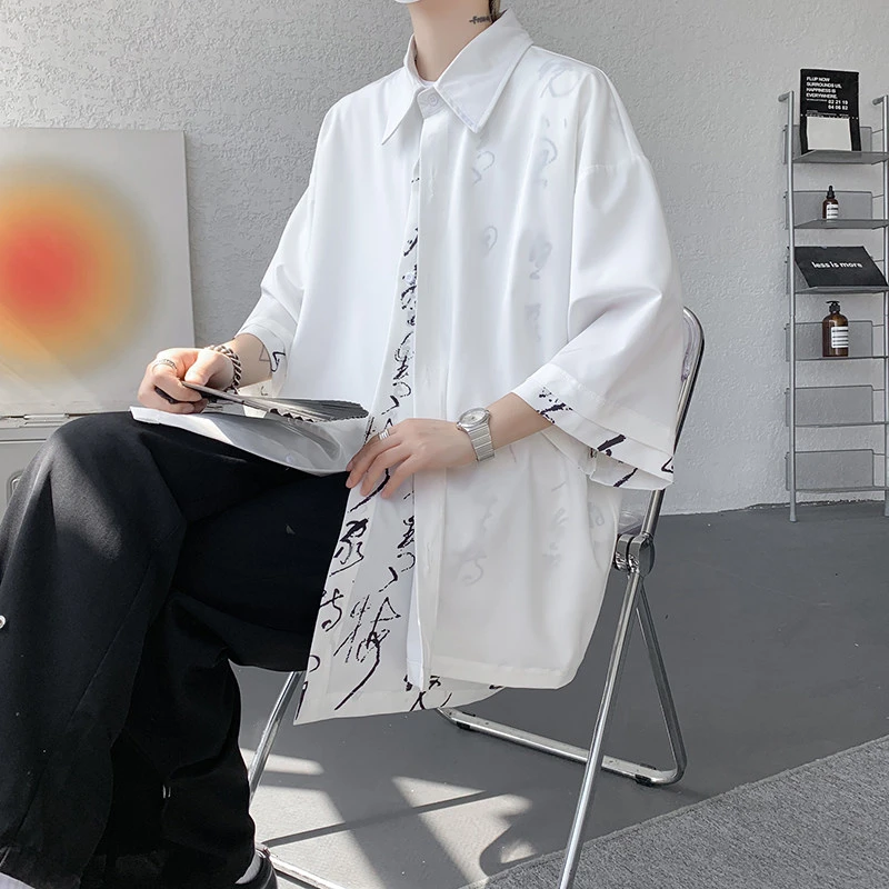 复古潮牌假两件冰丝衬衫男短袖中国风印花唐装套装宽松短裤两件套