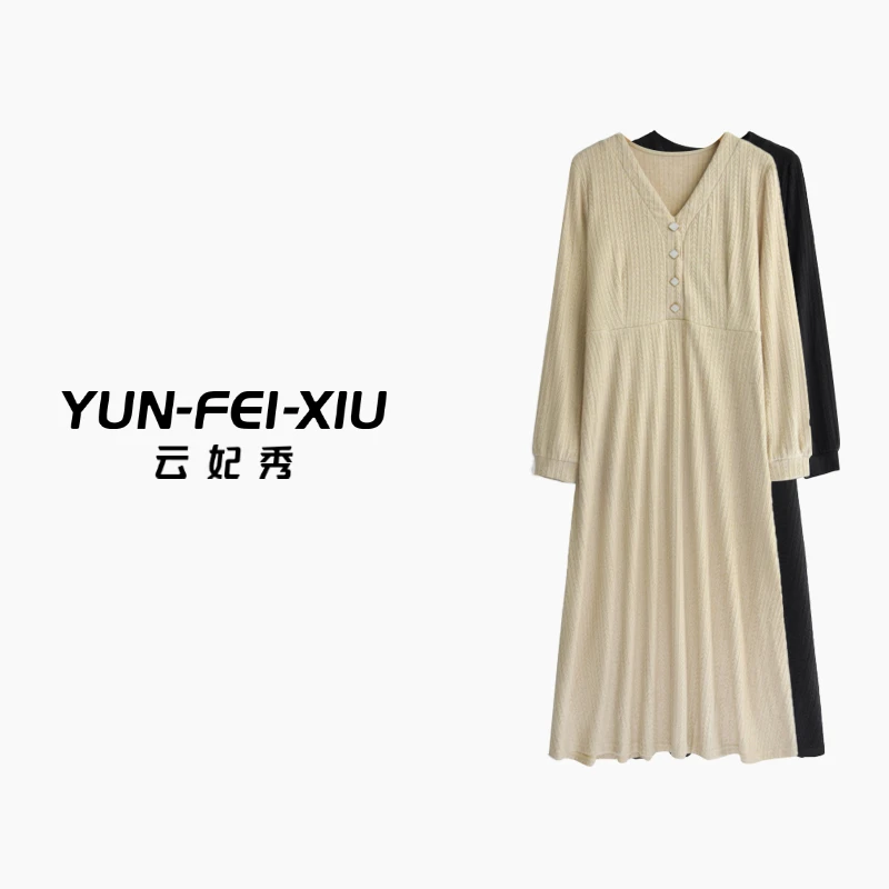 云妃秀大码女装连衣裙拼接纯色百搭时尚V领微胖韩版显瘦秋季63088