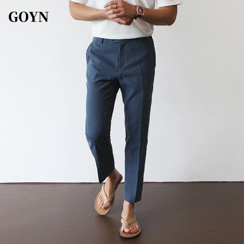 GOYN夏季亚麻西裤九分裤男士高级感休闲裤薄款西装裤子直筒大码男