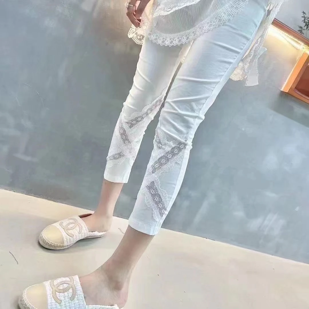 俏上美家大码夏季蕾丝镂空弹力高腰洋气百搭八分裤808