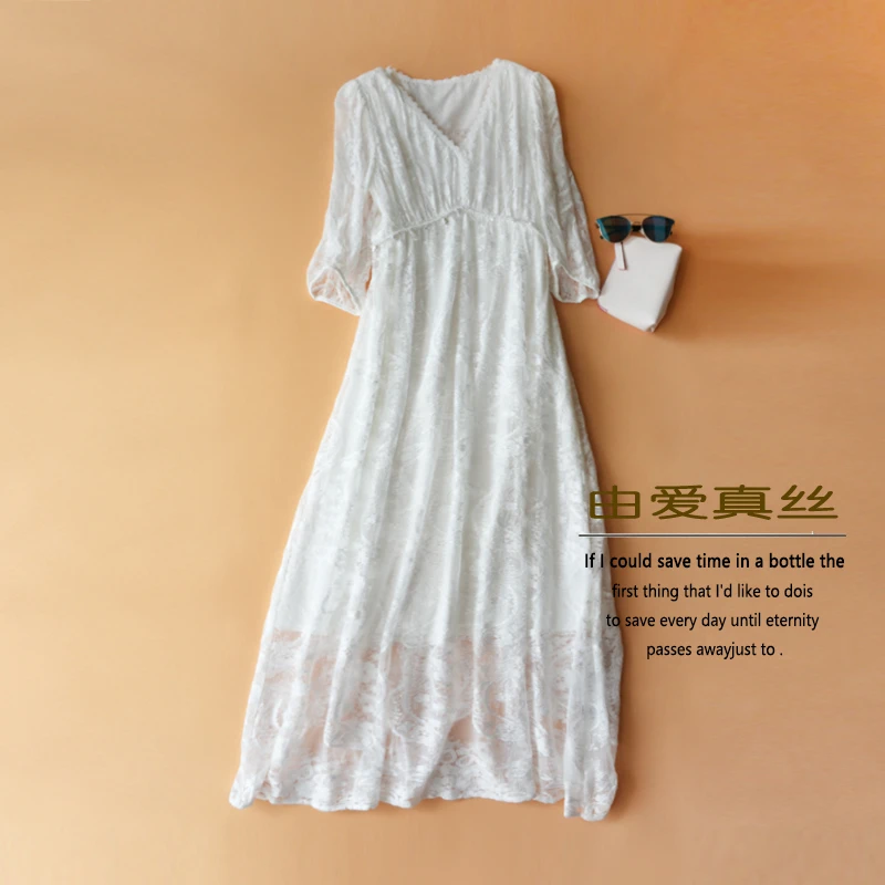 优雅法式纯白之恋收腰100%桑蚕丝连衣裙轻奢减龄小白裙
