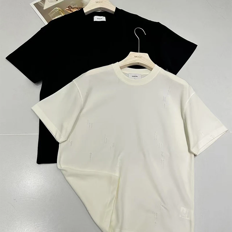 免烫夏季圆领宽松型T恤白色上衣破洞修身型短袖青年纯色