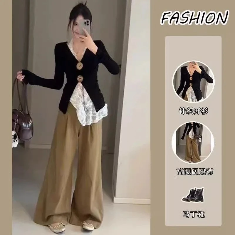 三件套女2025早春季韩系减龄针织开衫外套上衣蕾丝挂脖背心阔腿裤