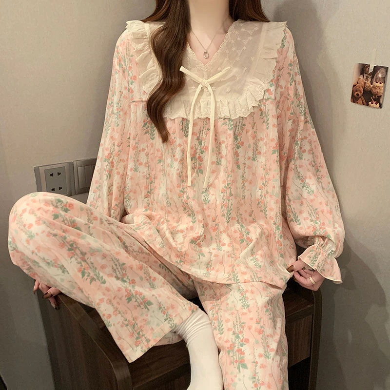 【初沁枫】公主风睡衣女春夏新款薄款可爱荷叶边蕾丝两件套家居服