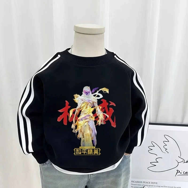 新款三条杆T恤权威网红印花和平精英同款游戏潮酷痞帅长袖童装T恤