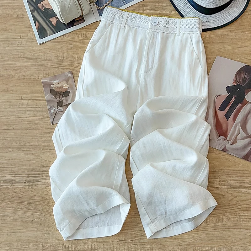 拉夏贝尔白色阔腿裤女夏季薄款2025年新款垂坠感宽松蕾丝直筒裤子