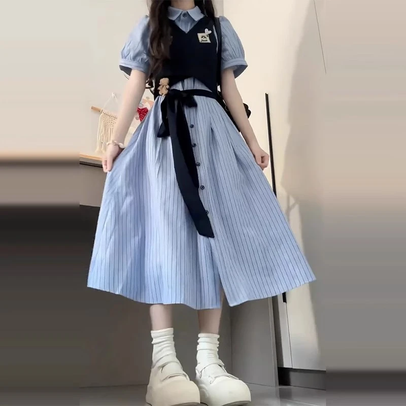 法式时尚条纹连衣裙少女夏季高中初中学生气质显瘦休闲衬衫长裙子