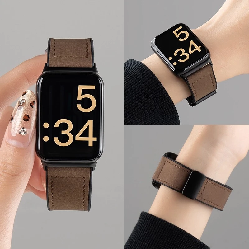 适用小米手环9pro秋冬折叠皮质磁吸扣表带红米watch4/5疯马纹8pro
