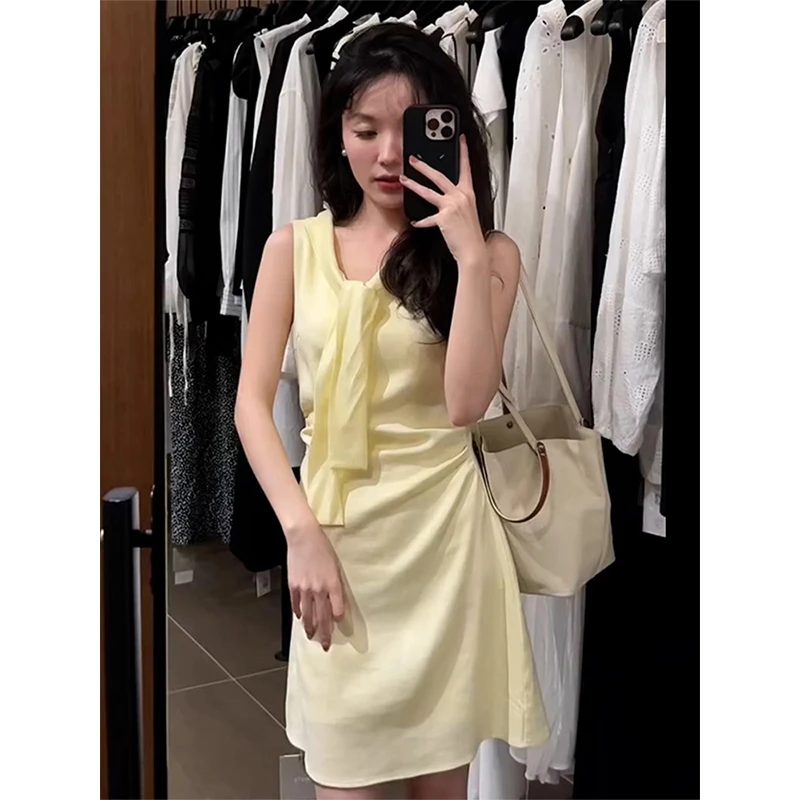 夏新款韩系黄色背心连衣裙女高级感气质纯欲收腰显瘦无袖a字裙子