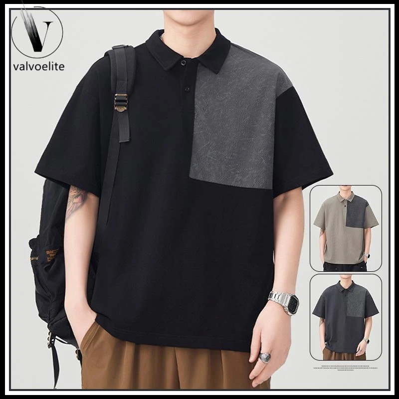 VALVOELITE美式翻领拼接撞色男士衫短袖夏季薄款透气百搭恤