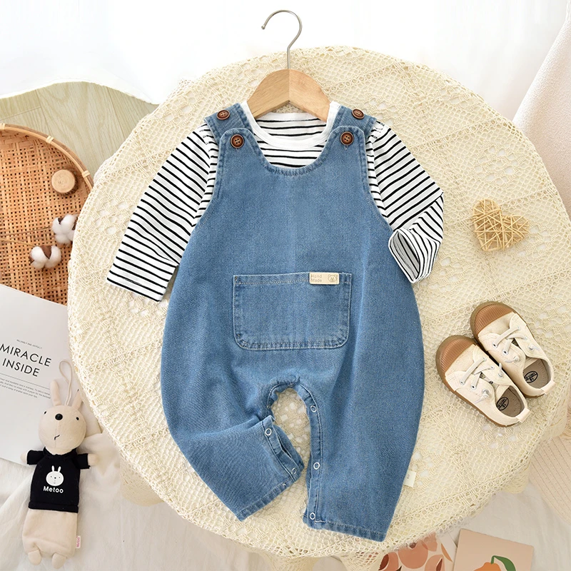 婴儿牛仔套装背带裤春装哈衣新生儿爬服潮流男女宝宝衣服春季