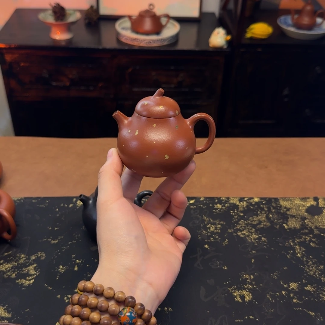 茶壶紫砂130cc，茄瓜壶，小煤窑朱泥描金