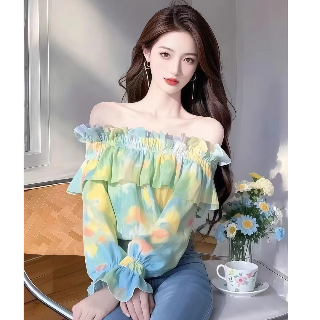 独特漂亮上衣女2025新款时尚款洋气一字肩晕染雪纺衫收腰短款衬衫