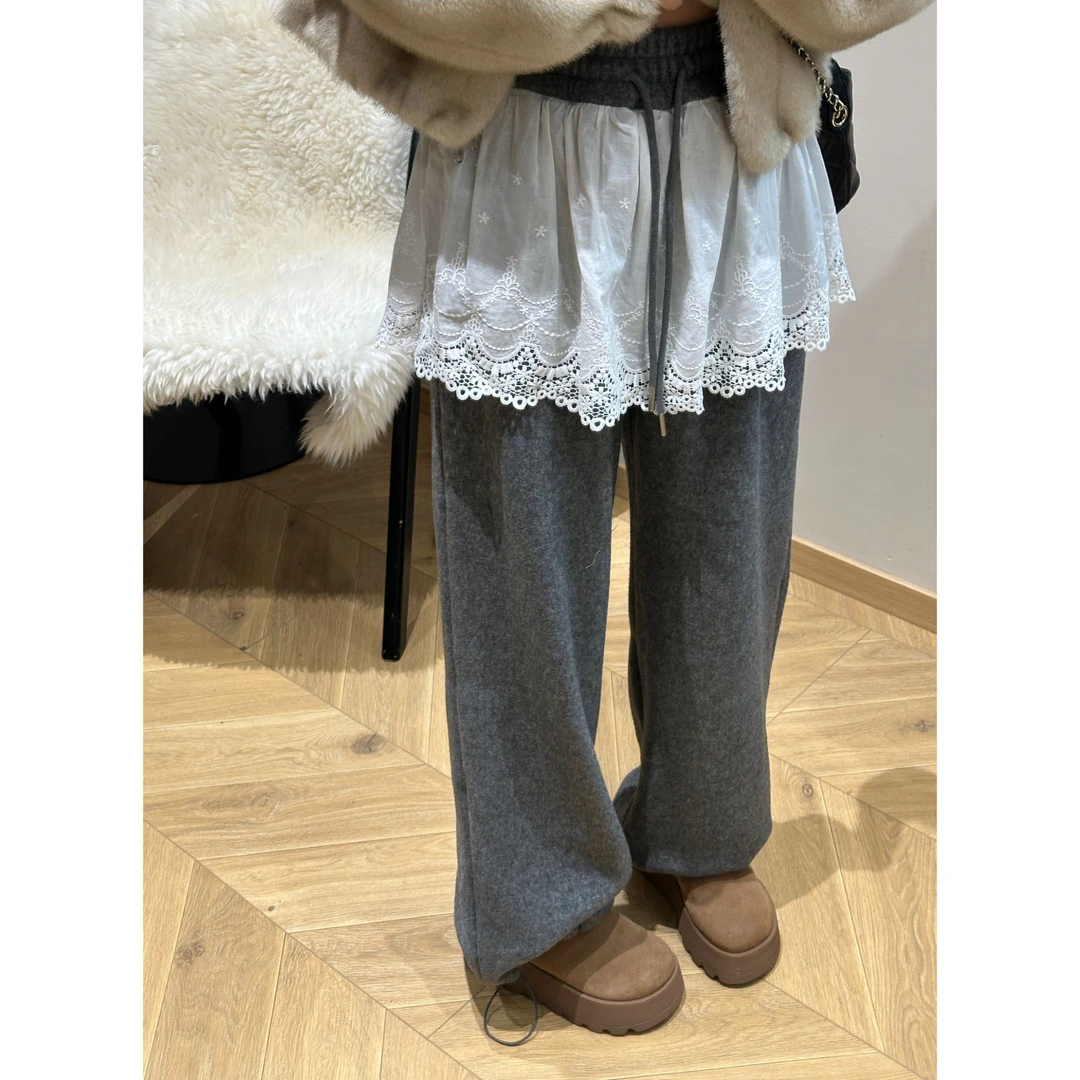 【Da Wang】蕾丝屁帘束脚裤高腰加绒休闲直筒裤